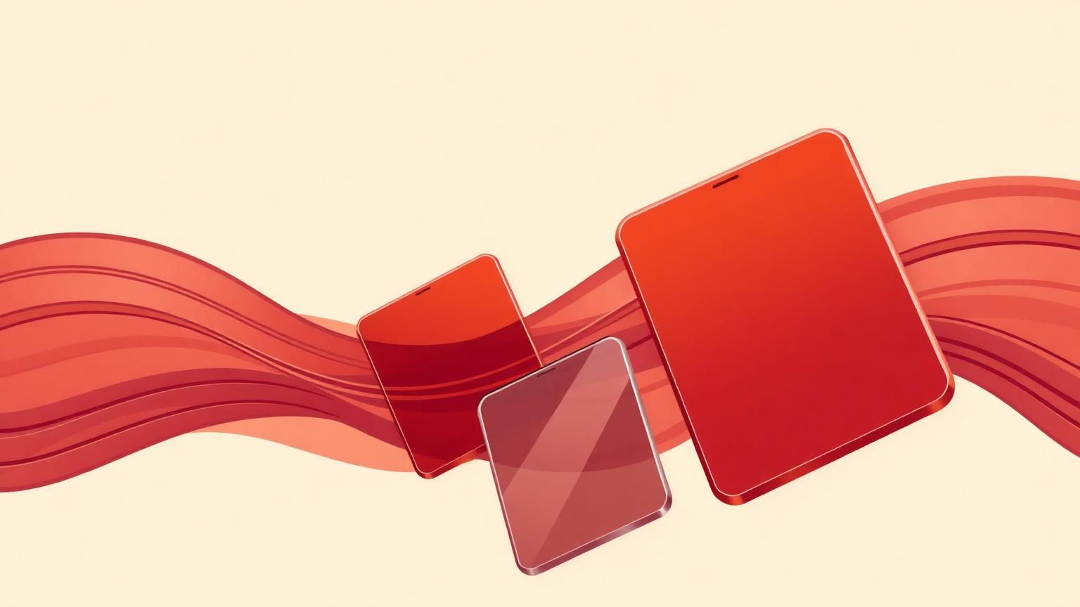 Flowing sound waves and translucent glass cards in warm tones